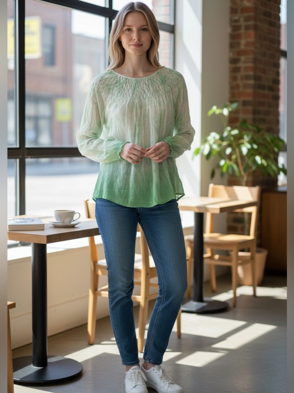 Sundance 100% Silk Lime Green/ White Ombré Dye Sheer Pleated Blouse